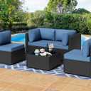 Shintenchi 5 Pieces Outdoor Patio Sectional Sofa Couch, PE Wicker Furniture Sets, Patio Conversation Sets with Washable Cushions Glass Coffee Table for Garden, Poolside, Backyard, Aegean Blue