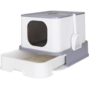 RIZZARI Enclosed Cat Litter Box: Light Gray Plastic Non-Stick Cat Toilet - Easy Clean Litter Pan 20.9" x 16.9" x 15.1" for Cats Under 20 lbs - Multi-Cat Homes - Living Rooms & Laundry Rooms