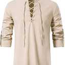 Men's Long Sleeve Shirts Retro Style Lace up for Medieval,Viking,Hippie Halloween Cosplay Pirate Renaissance Costume (X-Large, Beige)