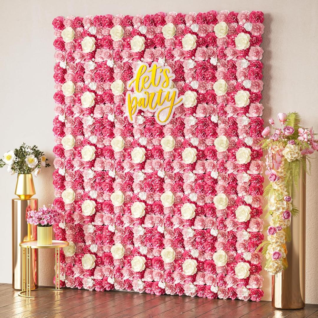 COKAOBE Pink Flower Wall Panels Backdrop, 12PCS 15x15 Inch 3D Silk Rose Floral Wall, Artificial Flower Panels for Wedding, Party, Bridal Shower, Baby Shower, Home and Photo Backdrop Decoration
