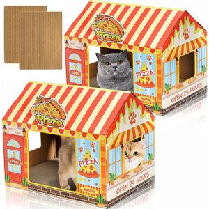 2 Pack Cardboard Cat Houses with Scratcher, 16.5''x12.25''x15'' Cat Hideaway Playhouse, Kitty Scratching Beds for Indoor Cats, Pizza Shop Cat Furniture Condo Cave Tent for Bunny Small Animals