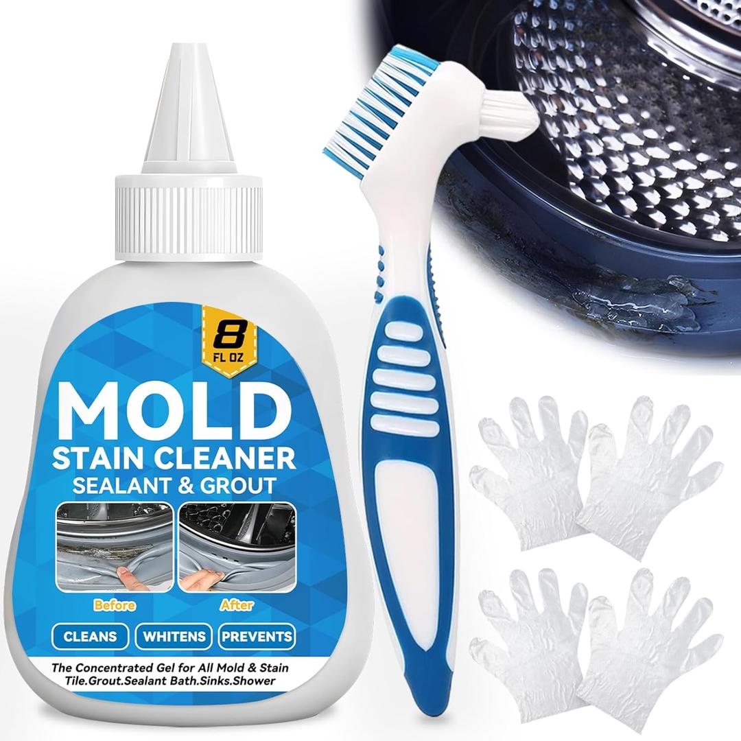 HouseMold Stain Remover Gel, 8 Fl Oz Washing Machine Cleaner with Brush, Heavy Duty Home Stain Remover for Front Loader Washing Machine Seal, Bathroom Grout, Kitchen Sink, Shower, Refrigerator Strip