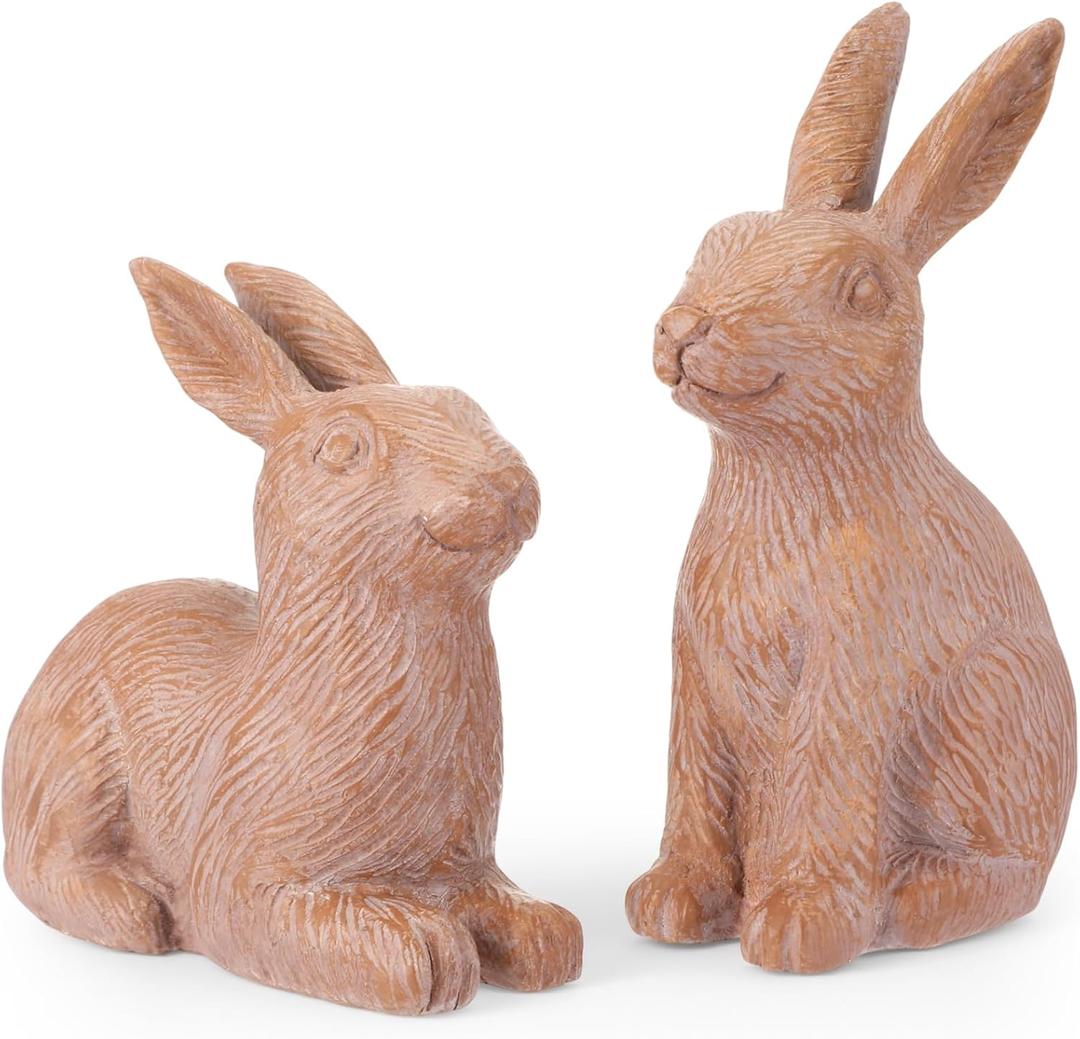 Set of 2 Brown Rustic Easter Bunny Figurines - Distressed Resin Rabbit Statues for Farmhouse Home Decor - Vintage Spring Bunny Ornaments for Tabletop, Mantel & Shelf Display