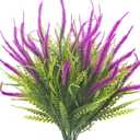 Grunyia 10 Bundles Artificial Plants Outdoor Fake Grass with Flowers UV Resistant Greenery Garden Porch Window Box Decorating (Magenta)