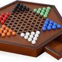 15" Large Upgraded Wooden Chinese Checkers Game Board  Premium 16mm Glass Marbles (60 + 12 Extras), Easy Grip, Storage Drawer, Ideal Multi-Player Puzzle Game for 2-6 Players