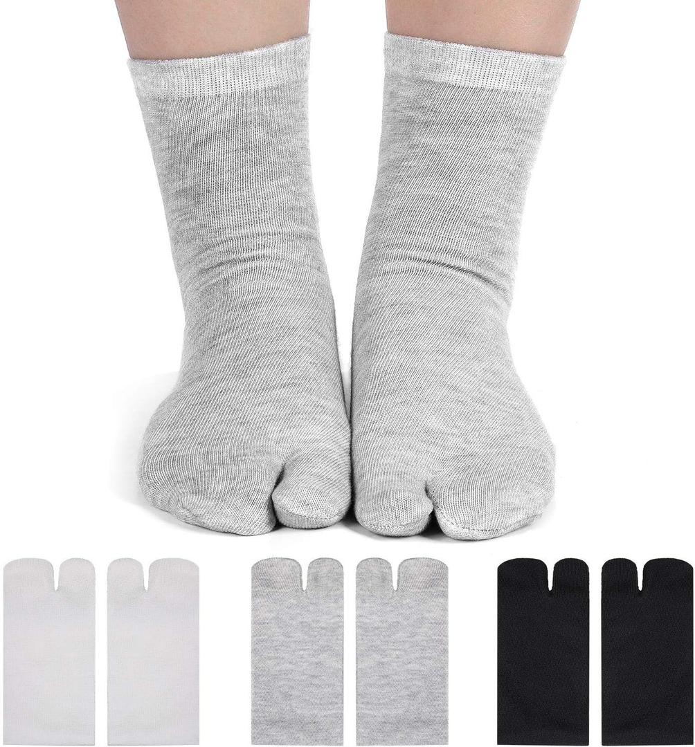 Geyoga 6 Pairs Flip Flop Socks Unisex Split Toe Cotton Tabi Socks for Women Men (3-5, Black, White, Gray)