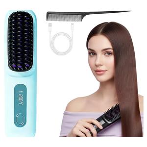 Go Brush Pro for Short Hair - 2026 Mother's Day Upgraded Cordless Straightening Brush with Fast Heat, 3 Temperature Settings, Ionic & Ceramic Care, USB-C Rechargeable for Frizz-Free Styling (Blue)