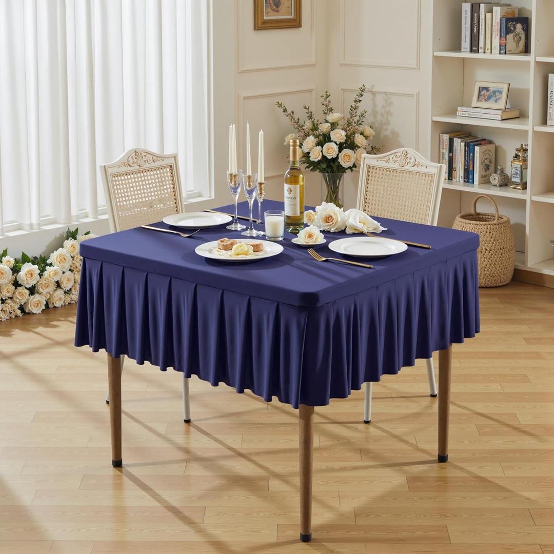 Wish Care Navy Blue Spandex Tablecloths for 34x34 Inch Square Tables, Stretch Fitted Table Clothes with Pleated Ruffle Skirt for 34 Table, Wrinkle Free and Elastic, for Party Kitchen Home Dining