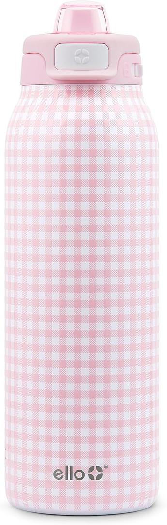 Ello Pop & Fill 32oz Stainless Steel Water Bottle with QuickFill Technology, Double Walled and Vacuum Insulated Metal, Leak Proof Locking Lid, Straw and Chug, Reusable, BPA Free, Pink Gingham