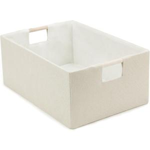 Foldable Fabric Storage Basket for Shelves, Linen Decorative Storage Bin with Wooden Handles, Small Organizer Cube for Closet, Rectangle Canvas Box for Organizing, Decor, 15x10.6x6 Inches (Beige)