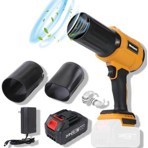 Small Cordless Leaf Blower,Leaf Blower Cordless,300,000RPM Turbo Jet Blower, with 1 X 24VX 4.0Ah Battery and Charger,for Patio Cleaning, Lawn Care, Car Cleaning and Dust Etc,2 Blowing Nozzles-Yellow
