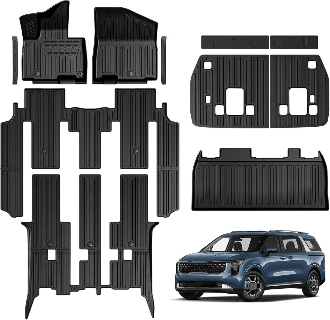 Floor Mats for Kia Carnival 2022-2026 Gas, Full Coverage All Weather Floor Mat Trunk Cargo Liner with Backrest Protectors & Door Sill Guards Accessories, Full Coverage Set (Fit 8 Seats)