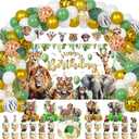 Mpanwen Jungle Safari Birthday Party Decorations, 127 Pcs Zoo Safari Animal Theme Party Supplies for Baby - Backdrop, Banner, Cake, Cupcake Toppers, Palm Leaves