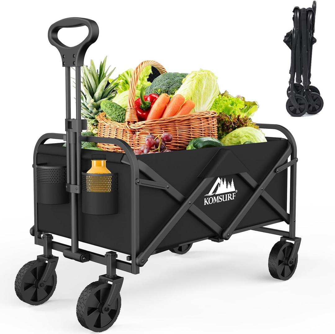 Foldable Utility Wagons Folding Cart on Wheels, Lightweight Portable Folding Utility with 200 lbs Capacity with Side Pockets for Grocery Shopping Cart for Grocery Sports Garden Camping (Rubber Wheel Black)