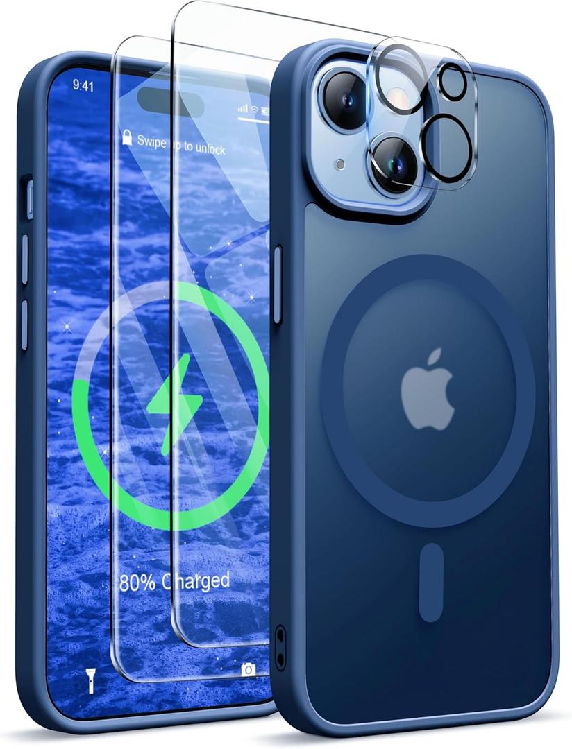ORETECH Magnetic for iPhone 15 Case, [Compatible with MagSafe][2 Pcs Screen Protectors][15 FT Drop Protection] Frosted Translucent Back, Shockproof, Anti-Scratch Phone Case for iPhone 15, Navy Blue