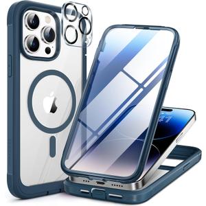 Miracase Magnetic for iPhone 14 Pro Case 6.1 inch, (Compatible with MagSafe) Upgrade Full-Body Clear Phone Bumper Case with Built-in 9H Tempered Glass Screen Protector, Storm Blue