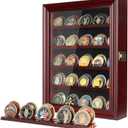 Military Challenge Coin Display Case Holder with HD Toughened Glass and Wall Mount, Wooden Coin Stand Rack with Removable 2 Grooves Shelves, Mahogany Finish