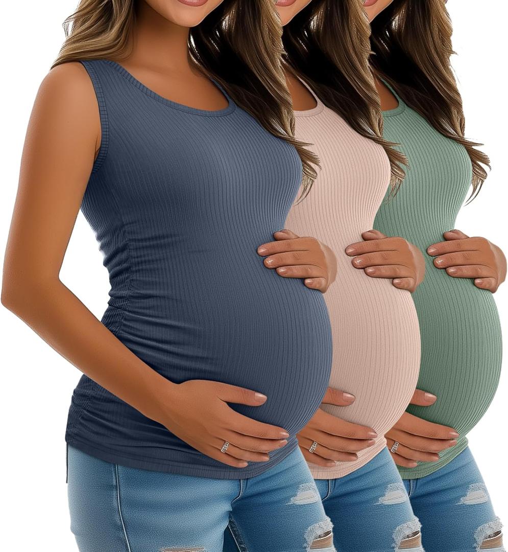 Riyiper 3 Pack Women's Maternity Tank Tops, Sleeveless Cotton Pregnancy Shirts Ribbed Knit Sides Ruched Basic Mama Clothes (Medium, Light Green, Dusty Pink, Haze Blue)