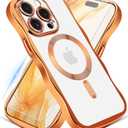 Jusy Compatible with MagSafe Phone Case with Screen Protector for iPhone 14 Pro, Cute Curly Wavy Magnetic Metal Glossy Soft Shockproof Clear Phone Cover - Orange