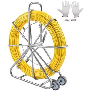 VEVOR Fish Tape Fiberglass, 656 ft, 5/16 in, Duct Rodder Fishtape Wire Puller, Cable Running Rod with Steel Reel Stand, 3 Pulling Heads, Fishing Tools for Walls and Electrical Conduit, Non-Conductive