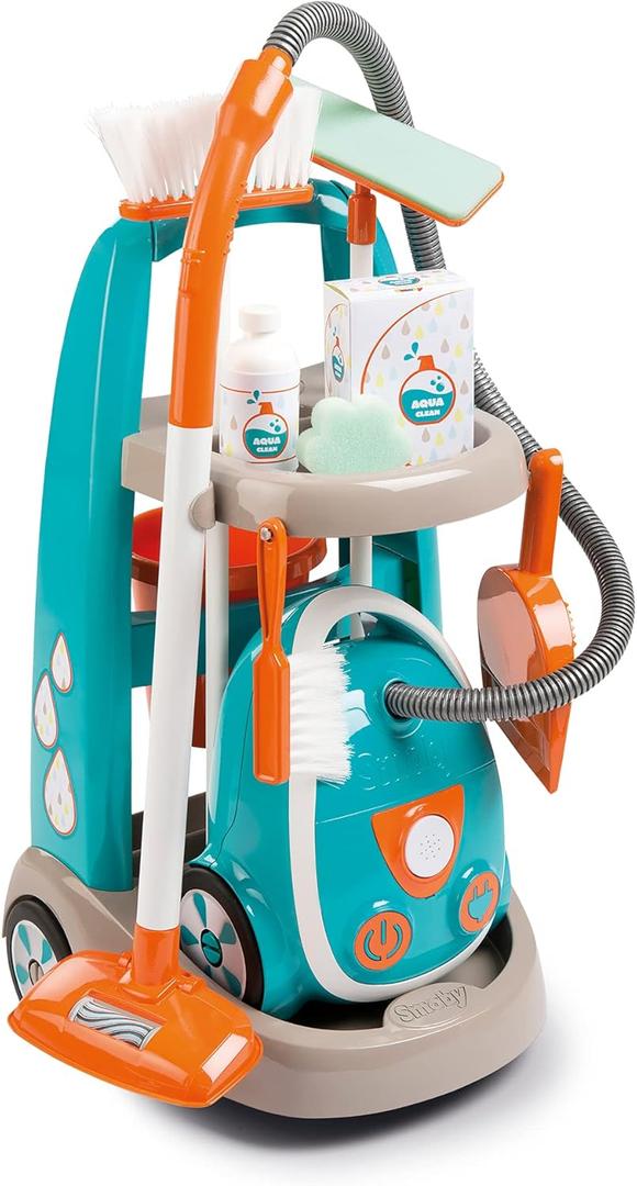 Smoby Cleaning Trolley - Toy Vacuum Cleaner with Realistic Lights & Suction Sounds - Toddler Broom, Mop, Brush, Dustpan, Toy Empty Packaging, Kids Real Cleaner Pretend Play Set, Age 3+