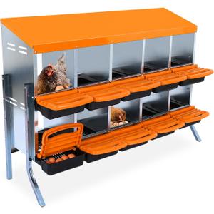 Chicken Nesting Boxes, 10 Compartments Chicken Laying Boxes, with Support Legs, Removable Plastic Tray, Easy to Clean, Roll Away Nesting Boxes for Chickens Laying Eggs, Orange