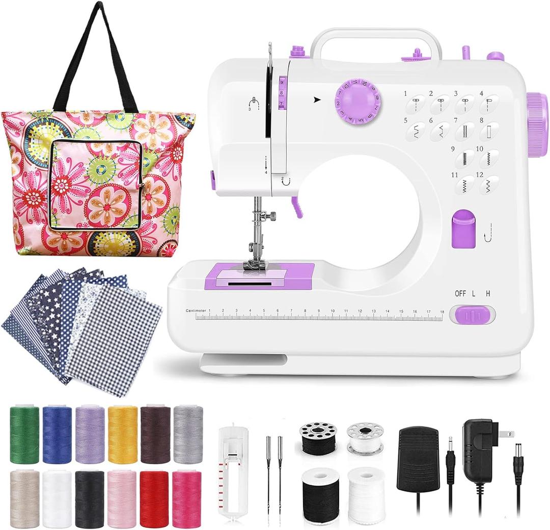 Sewing Machine for Beginners, Electric Mini Portable, 12 Built-in Stitches with Reverse Sewing, 2 Speeds Double Thread with Foot Pedal, Storage Bag, Cotton Fabric and Threads(Premium Set) (Purple)
