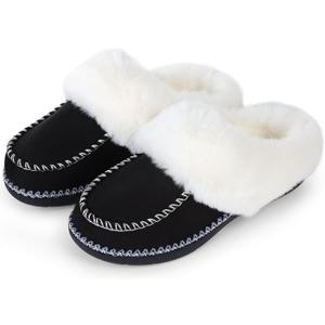 Womens Warm Microsuede House Slippers Cozy Memory Foam Winter Bedroom Shoes with Fluffy Plush Collar for Indoor and Outdoor (9-10, Black)