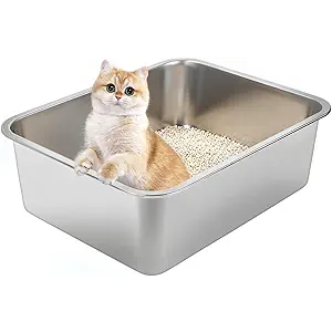 Stainless Steel Cat Litter Box for Large Cats - 17.5"x13.6"x6.1" High-Sided Metal Tray, Anti-Splash & Odor Resistant, Durable Rustproof Design, Easy to Clean 2Pcs