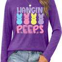 Women Easter Day Shirts: Bunny Printed Long Sleeve Pullover Cute Rabbit Shirt Tops Happy Easter Casual Spring Tops (Purple, S)