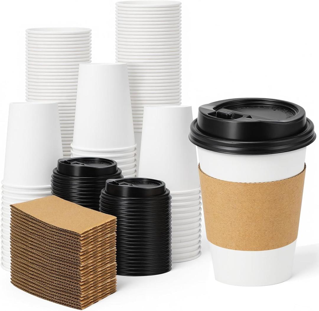 Lamosi 50 Pack 10 oz Disposable Coffee Cups with Lids and Sleeves, Leak-Proof To Go Paper Coffee Cups with Lids, Hot/Cold Beverage White Drinking Cup for Home, Office, Parties, Travel