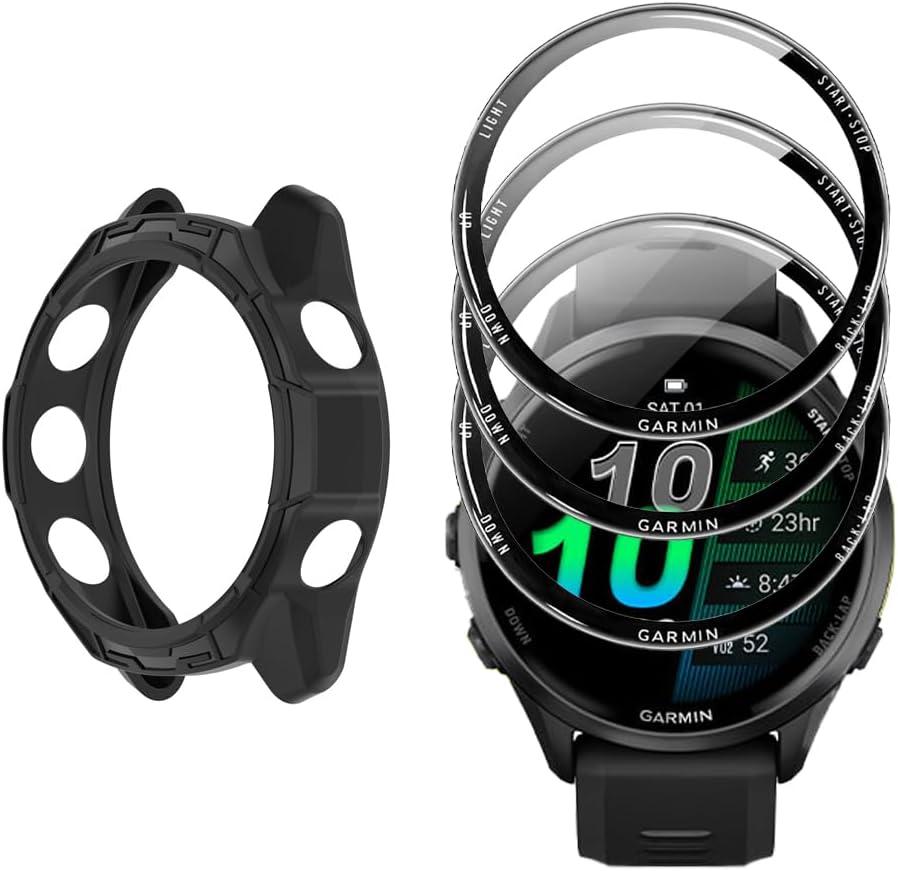 Watch Screen Protector +Watch Case Cover for Garmin Forerunner 570 47mm, [3-PCS] 3D Tempered Glass Film & TPU Bumper, Anti-Scratch, Bubble-Free, HD Clear, Shockproof Protection (Black)