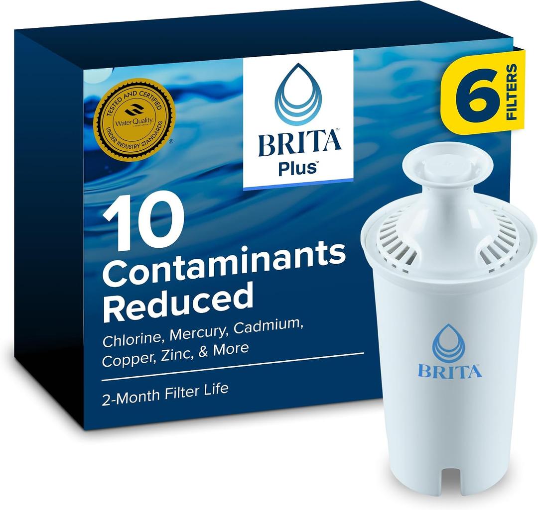 Brita Plus Water Filter, BPA-Free, High-Density Replacement Filter for Pitchers and Dispensers, Reduces 2x Contaminants*, Lasts Two Months or 40 Gallons, Includes 6 Filters
