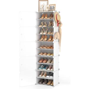 LANTEFUL 10 Tier Shoe Storage Cabinet with Door, Portable Narrow Organizer Rack for 20 Pairs, White Plastic with Hooks for Entryway or Bedroom