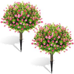 Yunlly 6 Pcs Outdoor Artificial Topiary Ball Trees 22" with Colorful Flowers, Boxwood Fake Bushes Shrubs with Spike, UV Resistant Evergreen Plants for Front Porch Garden Decor (Light Pink)