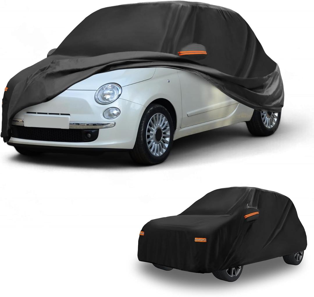 All-Weather Waterproof Car Cover - UV-Resistant Outdoor Full Exterior Protection for Fiat 500 2007-2022 Aluminum Film Black with Right Side Zipper