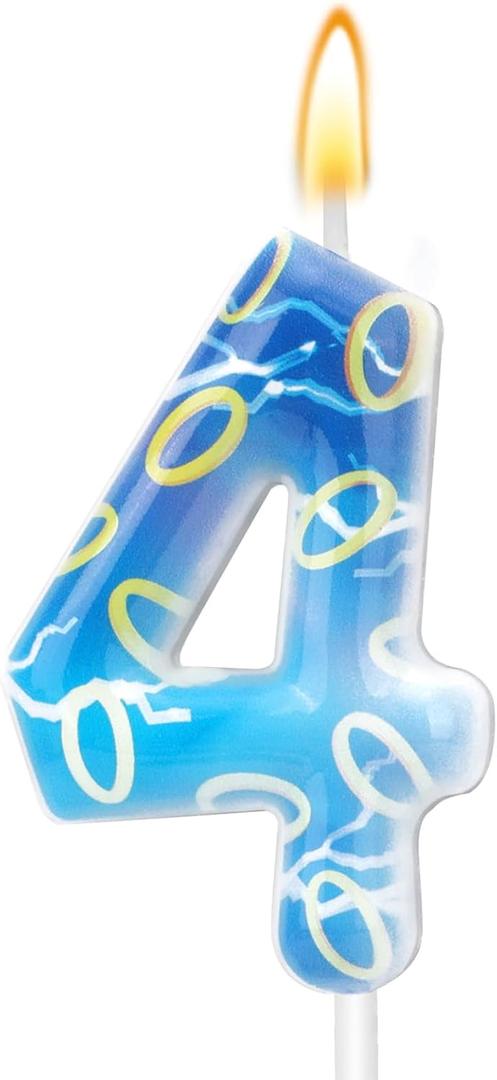 5 x Cartoon Birthday Candle, Blue Number Candle with Golden Rings Anime Themed Cake Topper Birthday Decoration Supplies for Boys Girls (Number 4)