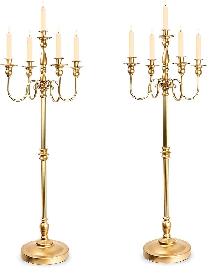 Gold Candelabra for Wedding Event Decor, 50'' Tall Floor Candle Holders, 2 Pcs Metal 5 Arm Centerpiece Decorations for 5 Candlesticks Party Wedding Aisle Home Decor