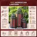 VELA LANTERNS Set of 3 Red Glass & Black Metal Moroccan Candle Lantern Holders (XL, Large, Small) - Decorative Indoor/Outdoor Decor for Patio, Floor, Weddings & Ramadan
