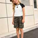 Girls Summer Outfits 2-Piece Clothes Color Block Print Short Sleeve Top and Camo Short Sets Teen Girl Clothes 6-16Y (6-7 Years, Black)