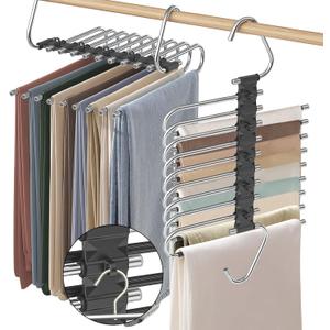 Upgrade 9 Layers Pants Hangers Space Saving, 2 Pack Non Slip Stainless Steel Multifunctional Pants Rack Closet Pant Hanger Organizer with Hooks for Pants Jeans Trousers Dorm Room Essentials, Black
