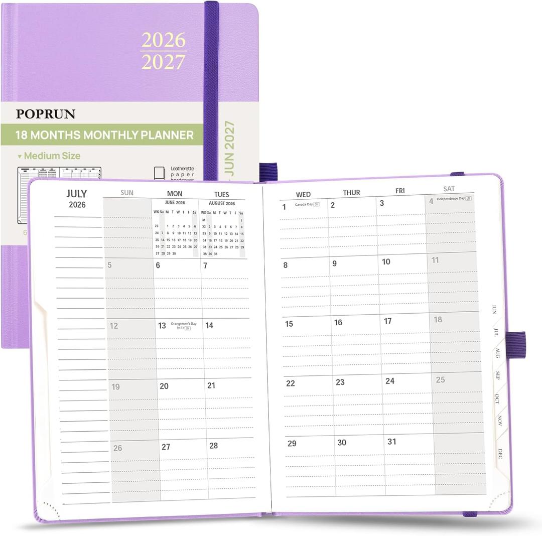 POPRUN Monthly Planner 2026-2027, Medium-6.25'' x 8.5'', 18-Month Calendar Book (Jan.26 - Jun.27), Calendar Planner with Monthly Tabs, Storage Pocket, Hardcover, 100 GSM Paper - Violet