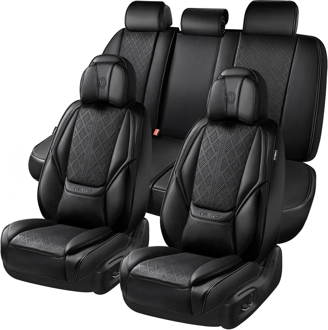 CAR PASS Nappa Leather Car Seat Covers 5 Seat, Luxury Lumbar Support, Waterproof Breathable Durable All Coverage Leatherette Seat Covers for SUVs,Pickups,Trucks,Vehicles (Full Set Solid Black)