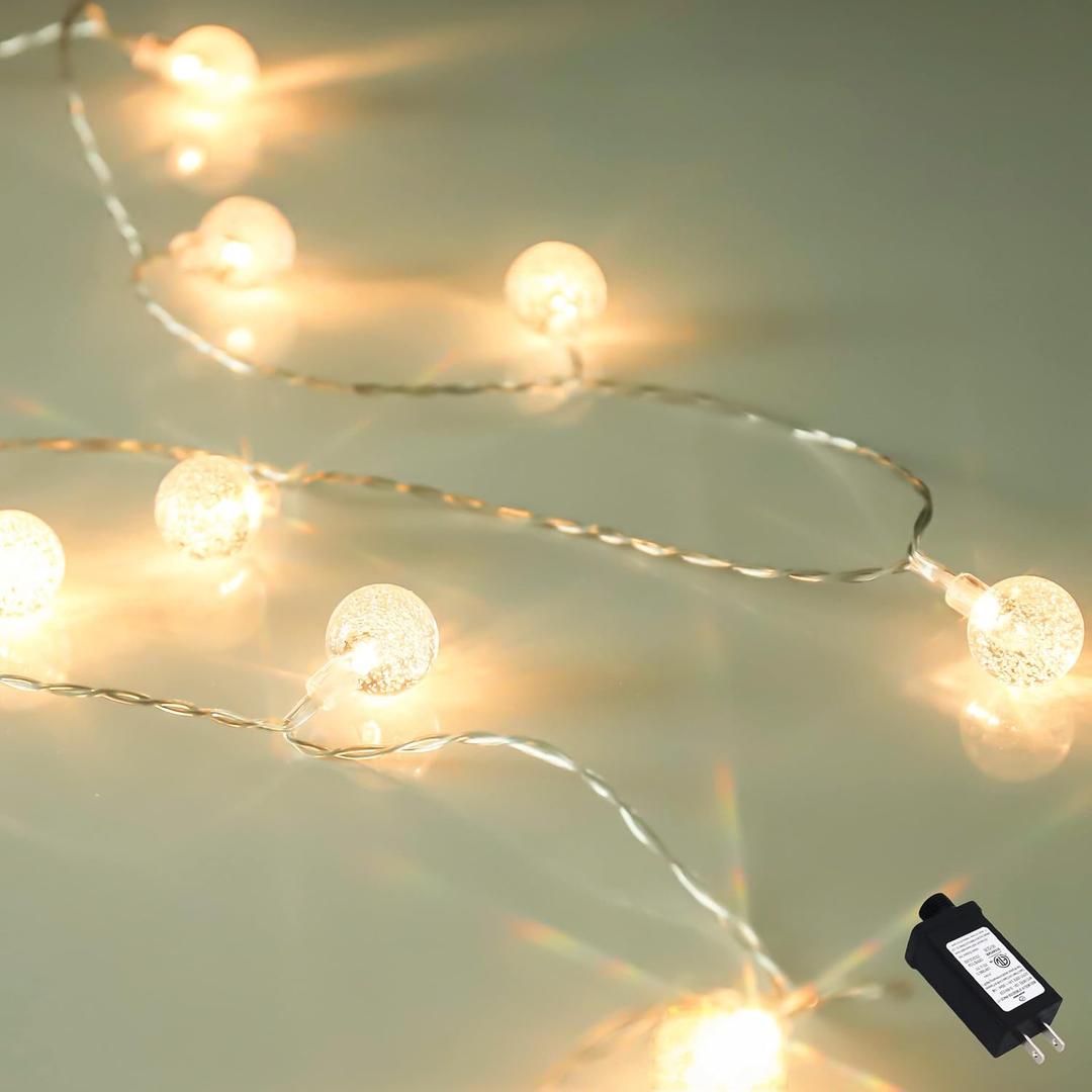 myCozyLite LED String Lights Plug in, Globe String Lights Indoor and Outdoor, for Balcony, Patio, Bedroom, Wall, 20 Crystal Balls, Multifunction with Timer, Decorative, Extendable, Warm White