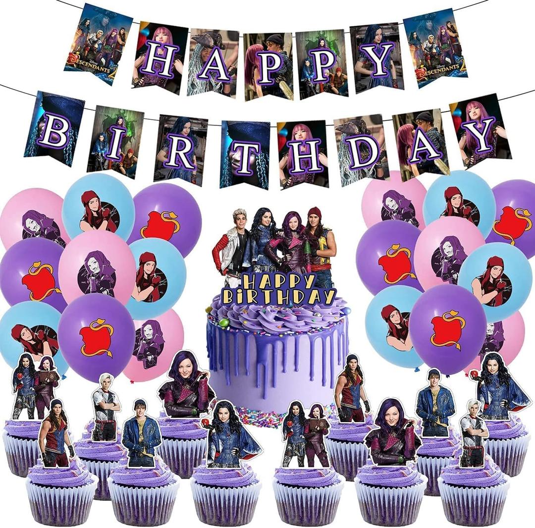 Descendants Birthday Party Supplies, Descendants Party including Xake Caps, Cupcake Caps, Flags, Latex Balloons