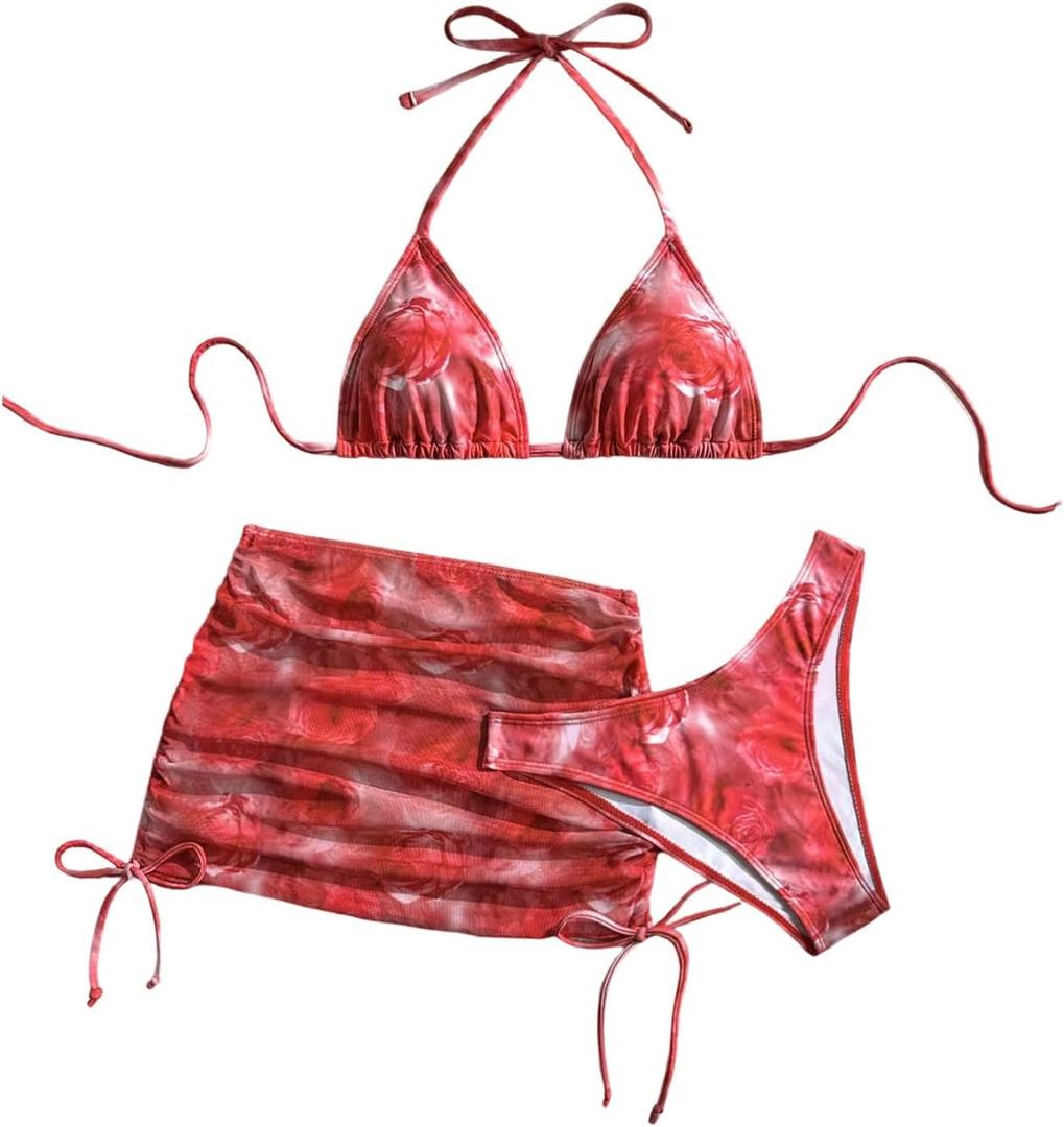 SHENHE Women's 3 Piece Floral Swimsuits Triangle Halter High Cut Bikini Set with Cover Up Skirt, M