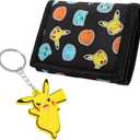 Pokemon Wallet and Keychain Set for Kids Trifold Wallet with ID Pocket Card Slots Zipper Coin Purse Pikachu Anime Gifts for Boys (Black/Yellow)