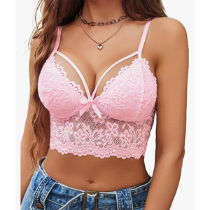 Avidlove Lace Bralette for Women Lingerie Spaghetti Adjustable Strap Tank Camisole Crop Top, Pink, L