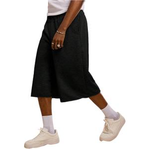 OYOANGLE Men's Gym Sweat Shorts Hip Hop Solid Below Knee Loose Basketball Athletic Capri Shorts with Pockets (Medium, Black)