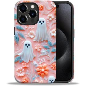 Case for iPhone 15 Pro,Shockproof Hard Shell + Soft Silicone 2 in 1 Hybrid,Shockproof Bumper Drop Protective - Halloween Pink Ghost Floral